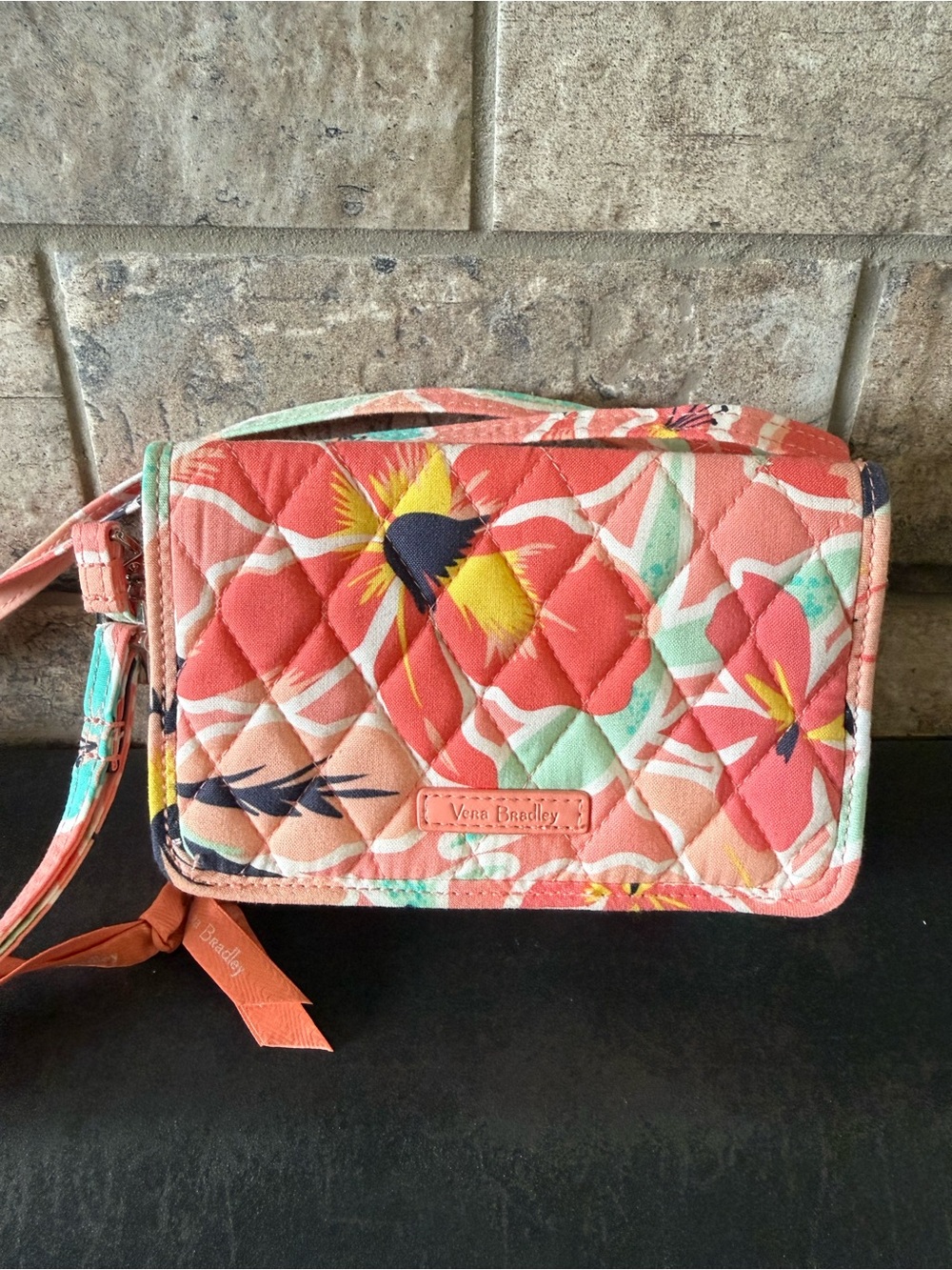 Vera Bradley Coral Floral Quilted Wristlet Wallet with Mint Accents
